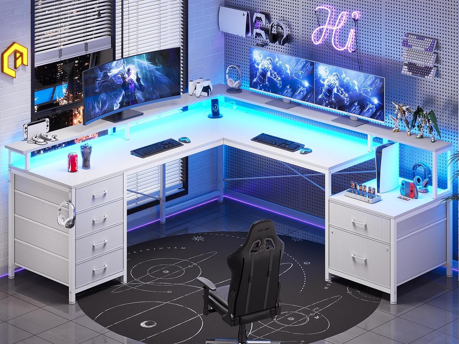 L Shaped Desk with 6 Drawer, 108" Home Office Desk with File Drawer & Power Outlet, Corner Computer Desk with Monitor Shelf, File Cabinet, Two Person Desk, Gaming Desk with Led Lights, White-0