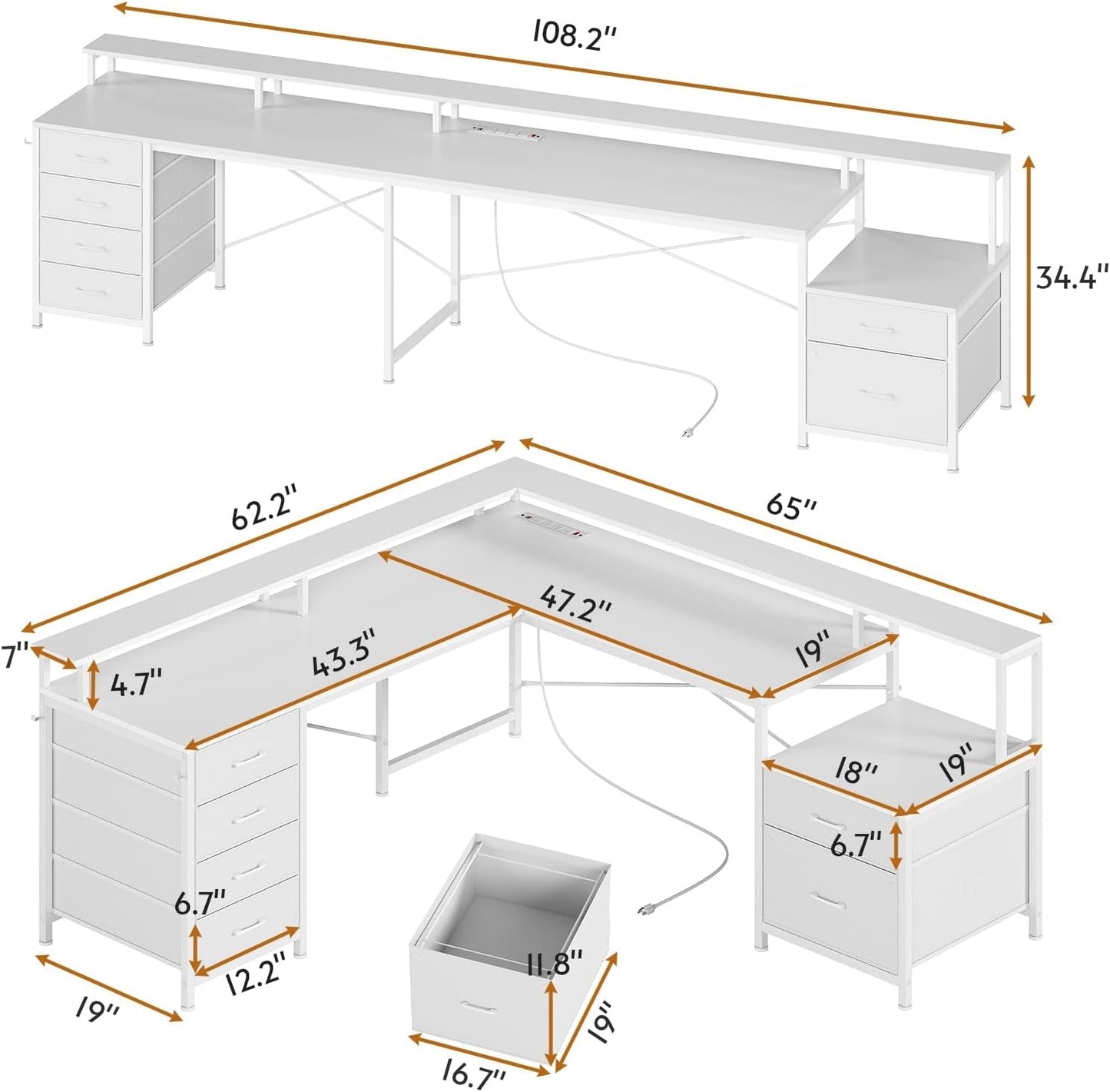 L Shaped Desk with 6 Drawer, 108" Home Office Desk with File Drawer & Power Outlet, Corner Computer Desk with Monitor Shelf, File Cabinet, Two Person Desk, Gaming Desk with Led Lights, White-1