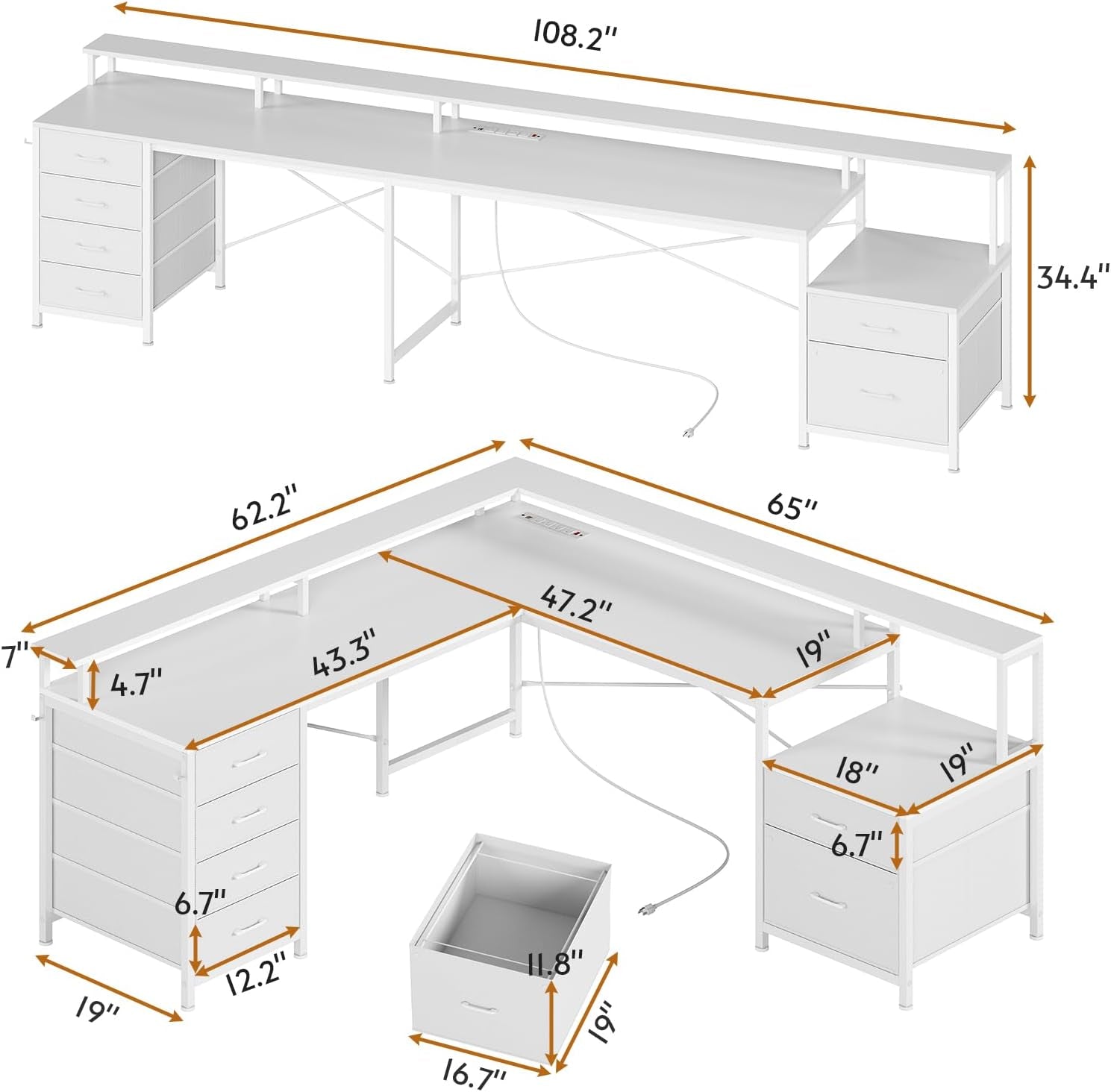 L Shaped Desk with 6 Drawer, 108" Home Office Desk with File Drawer & Power Outlet, Corner Computer Desk with Monitor Shelf, File Cabinet, Two Person Desk, Gaming Desk with Led Lights, White-1