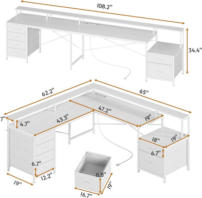 L Shaped Desk with 6 Drawer, 108" Home Office Desk with File Drawer & Power Outlet, Corner Computer Desk with Monitor Shelf, File Cabinet, Two Person Desk, Gaming Desk with Led Lights, White-1