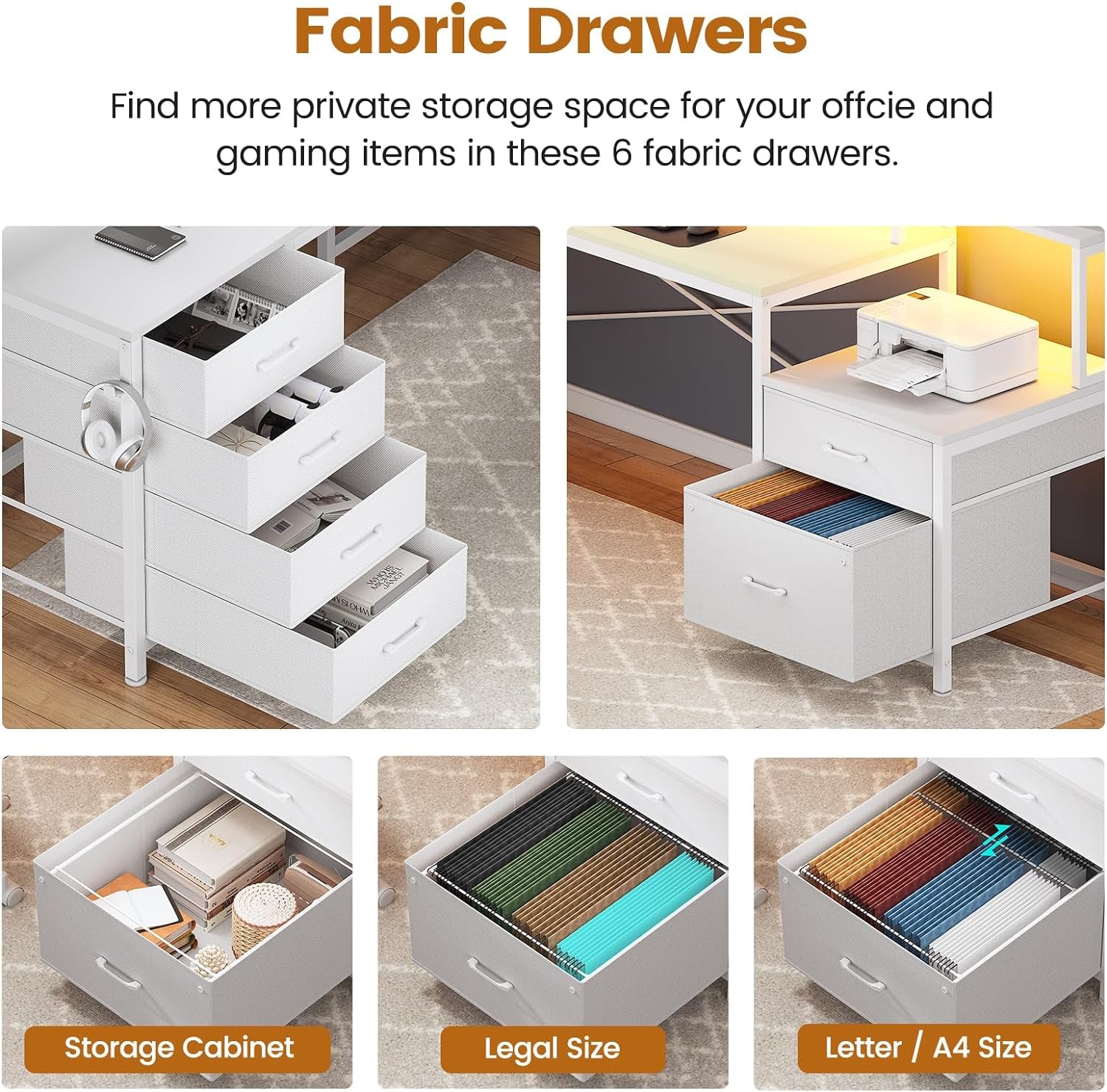 L Shaped Desk with 6 Drawer, 108" Home Office Desk with File Drawer & Power Outlet, Corner Computer Desk with Monitor Shelf, File Cabinet, Two Person Desk, Gaming Desk with Led Lights, White-3