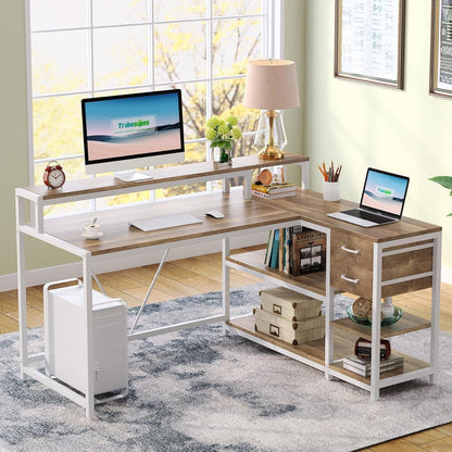 L Shaped Desk with Drawers and Monitor Stand, L Corner Desk with Storage Shelves, Beige Wooden PC Table for Samll Home Office-0