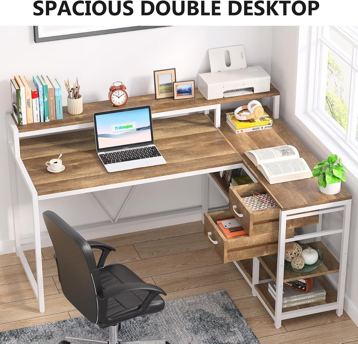 L Shaped Desk with Drawers and Monitor Stand, L Corner Desk with Storage Shelves, Beige Wooden PC Table for Samll Home Office-4
