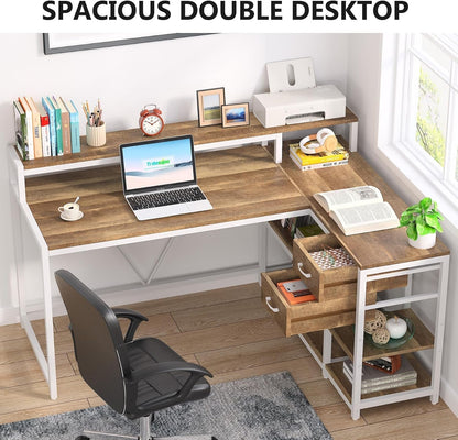 L Shaped Desk with Drawers and Monitor Stand, L Corner Desk with Storage Shelves, Beige Wooden PC Table for Samll Home Office-4