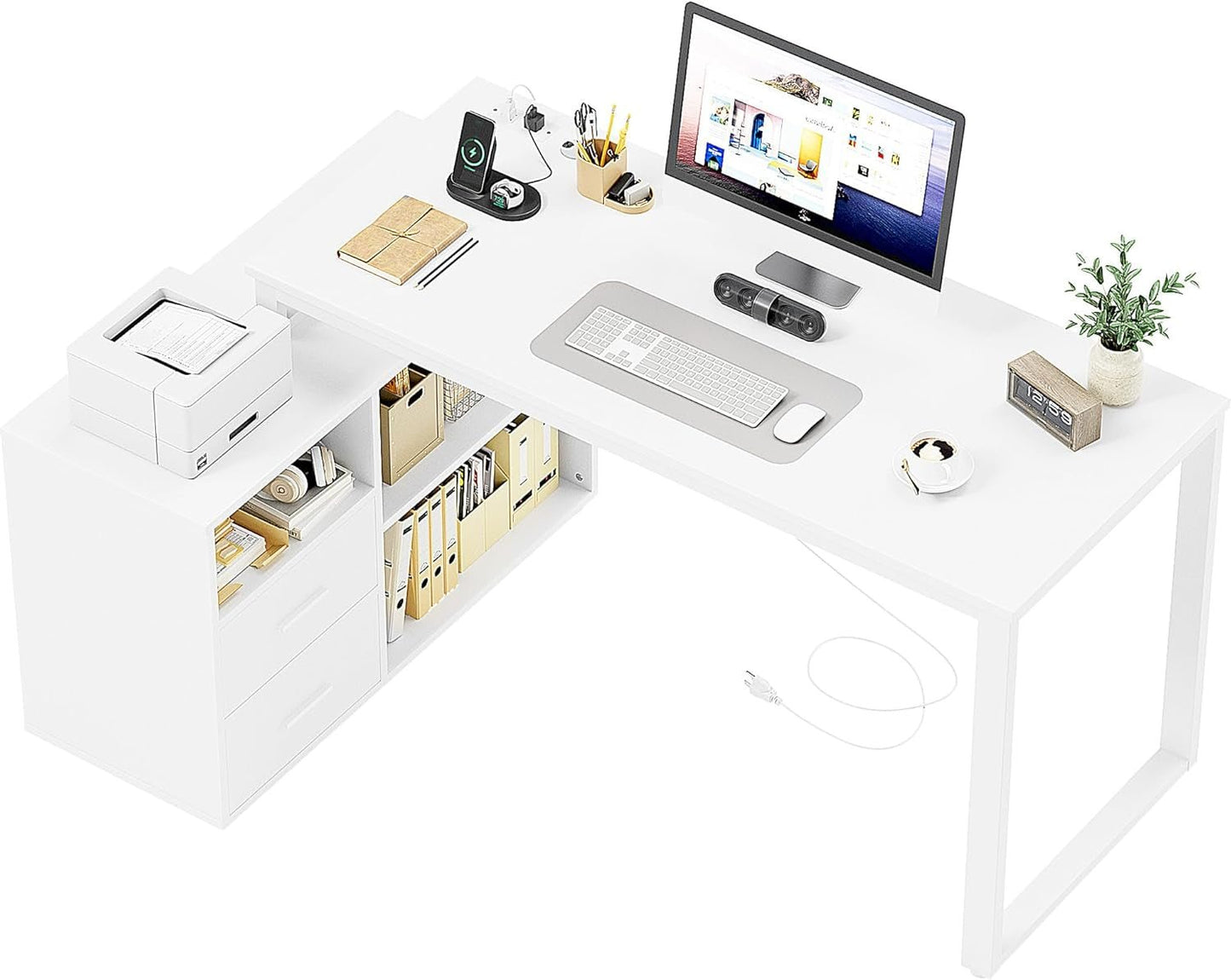 L Shaped Desk with Drawers&Shelves, 55'' Corner Computer Desk with Power Outlets, Reversible PC Table with Storage File Cabinet for Home Office Studying Writing Gaming Workstation (White)-0