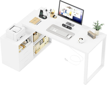 L Shaped Desk with Drawers&Shelves, 55'' Corner Computer Desk with Power Outlets, Reversible PC Table with Storage File Cabinet for Home Office Studying Writing Gaming Workstation (White)-0