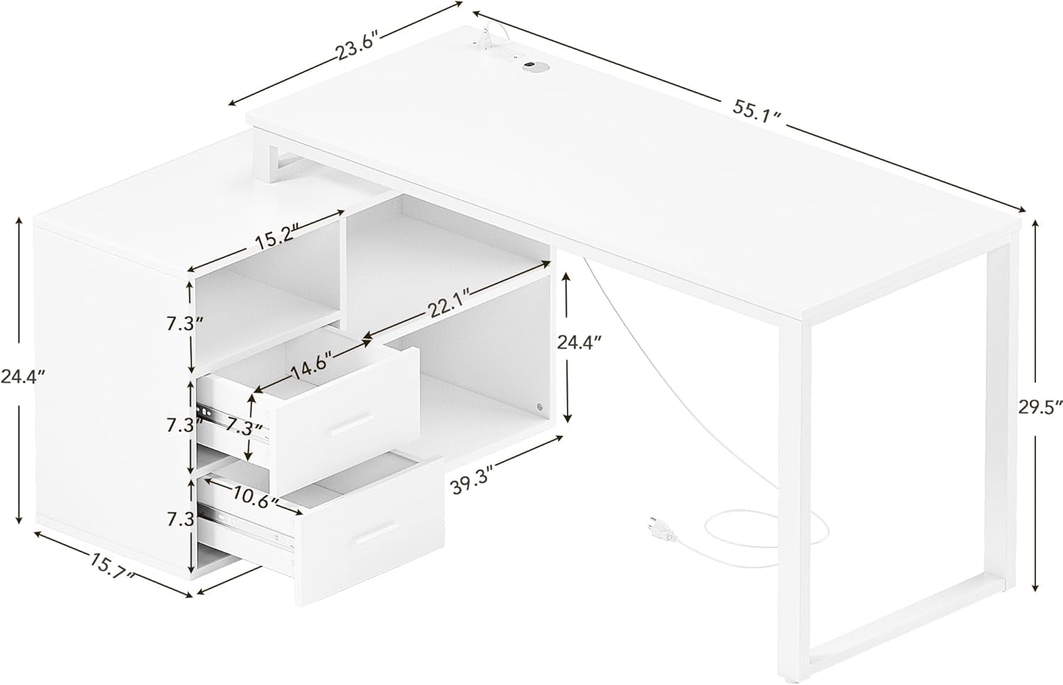 L Shaped Desk with Drawers&Shelves, 55'' Corner Computer Desk with Power Outlets, Reversible PC Table with Storage File Cabinet for Home Office Studying Writing Gaming Workstation (White)-2