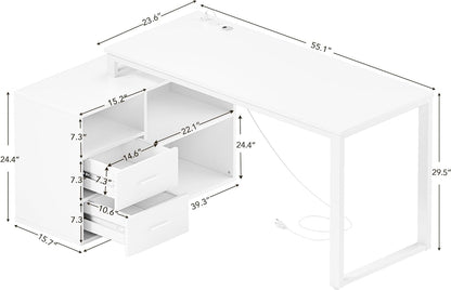 L Shaped Desk with Drawers&Shelves, 55'' Corner Computer Desk with Power Outlets, Reversible PC Table with Storage File Cabinet for Home Office Studying Writing Gaming Workstation (White)-2