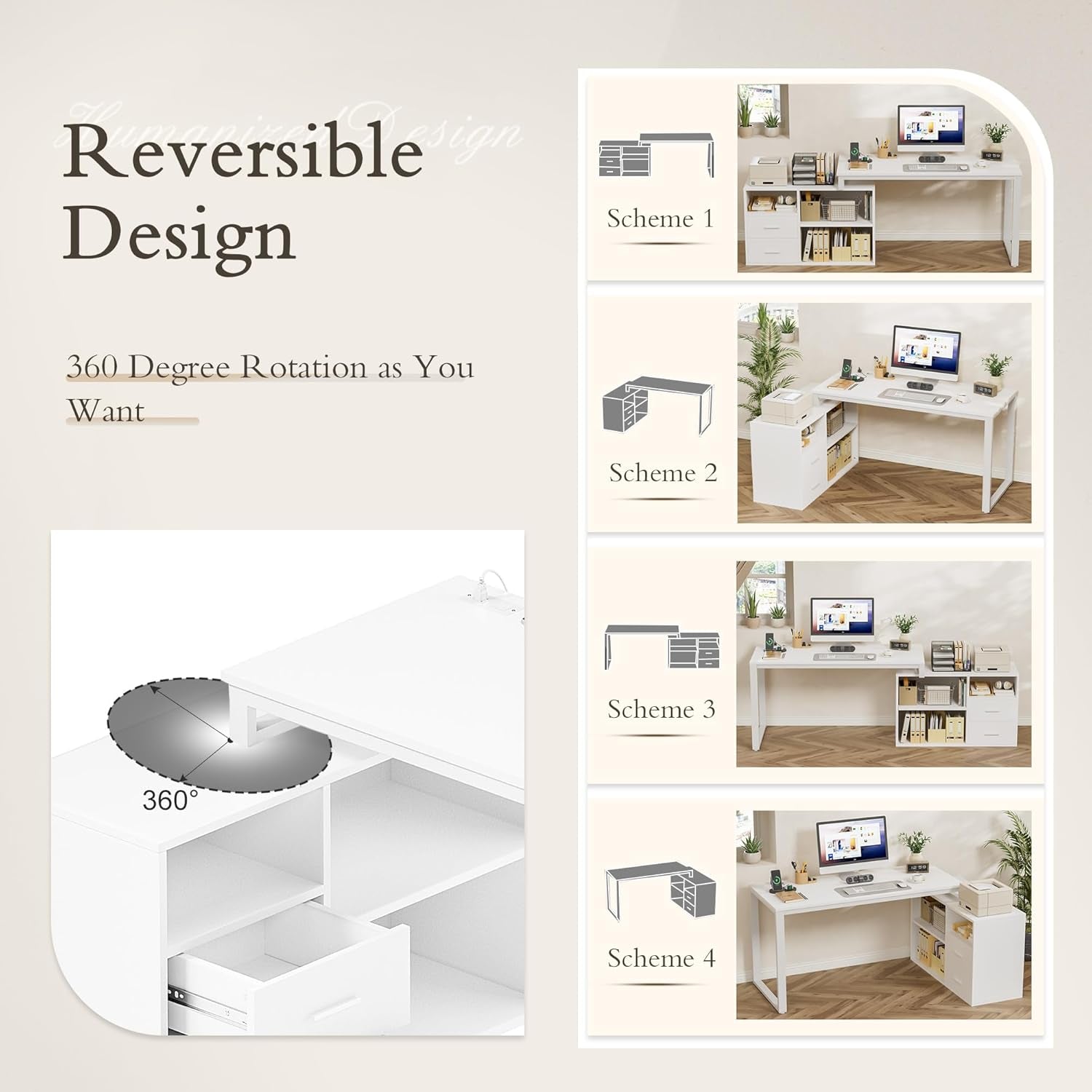 L Shaped Desk with Drawers&Shelves, 55'' Corner Computer Desk with Power Outlets, Reversible PC Table with Storage File Cabinet for Home Office Studying Writing Gaming Workstation (White)-4