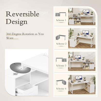 L Shaped Desk with Drawers&Shelves, 55'' Corner Computer Desk with Power Outlets, Reversible PC Table with Storage File Cabinet for Home Office Studying Writing Gaming Workstation (White)-4