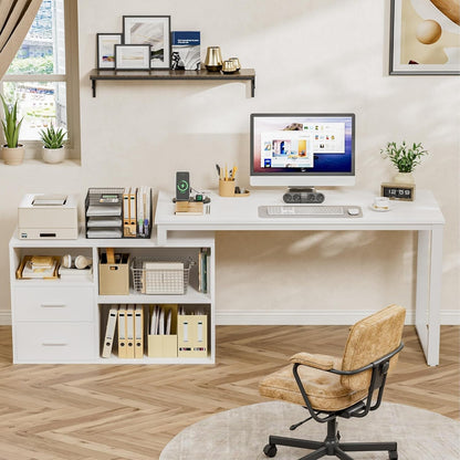 L Shaped Desk with Drawers&Shelves, 55'' Corner Computer Desk with Power Outlets, Reversible PC Table with Storage File Cabinet for Home Office Studying Writing Gaming Workstation (White)-3