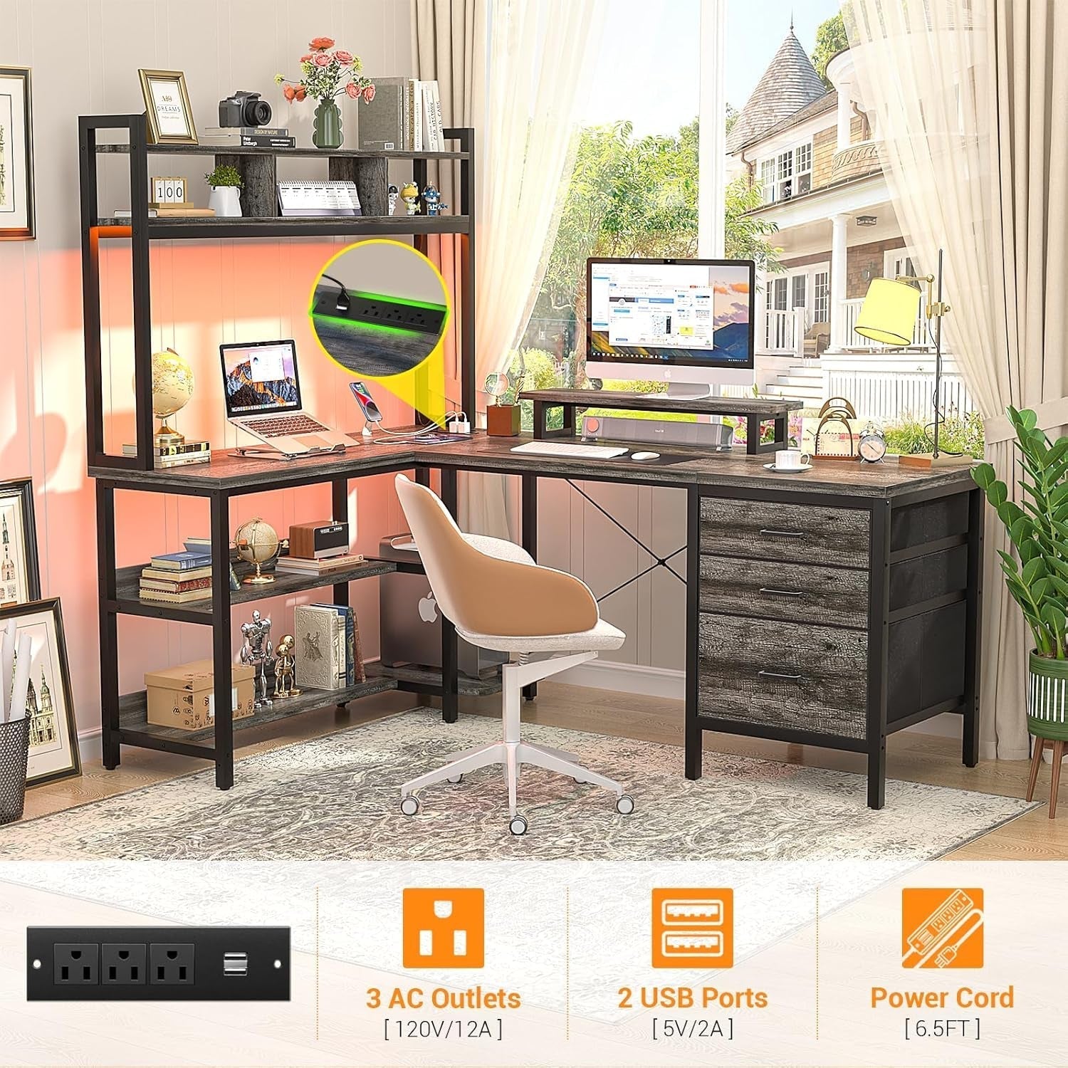 L Shaped Desk with Hutch, Gaming Desk with Led Lights, Reversible Computer Desk with Power Outlet, Corner Desk with File Drawer & Monitor Stand, Storage Shelves for Home Office, Black Oak-3