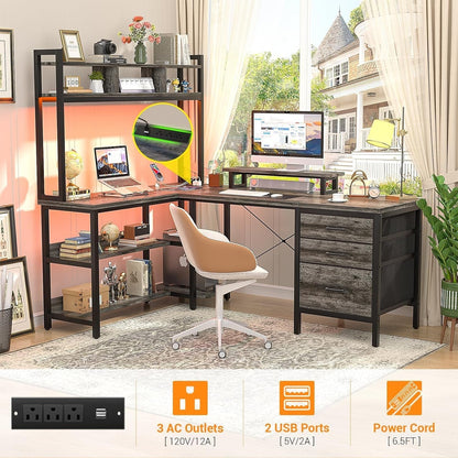 L Shaped Desk with Hutch, Gaming Desk with Led Lights, Reversible Computer Desk with Power Outlet, Corner Desk with File Drawer & Monitor Stand, Storage Shelves for Home Office, Black Oak-3