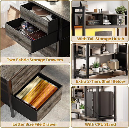 L Shaped Desk with Hutch, Gaming Desk with Led Lights, Reversible Computer Desk with Power Outlet, Corner Desk with File Drawer & Monitor Stand, Storage Shelves for Home Office, Black Oak-4