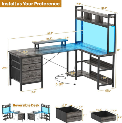 L Shaped Desk with Hutch, Gaming Desk with Led Lights, Reversible Computer Desk with Power Outlet, Corner Desk with File Drawer & Monitor Stand, Storage Shelves for Home Office, Black Oak-1