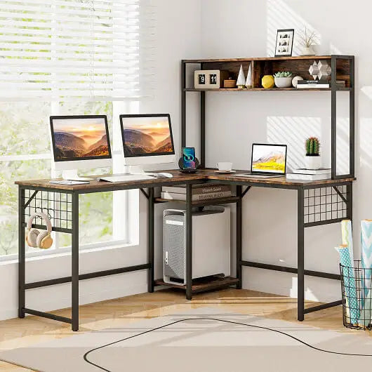 L-shaped Desk with Power Outlet Hutch-Rustic Brown - L-Shaped Desk