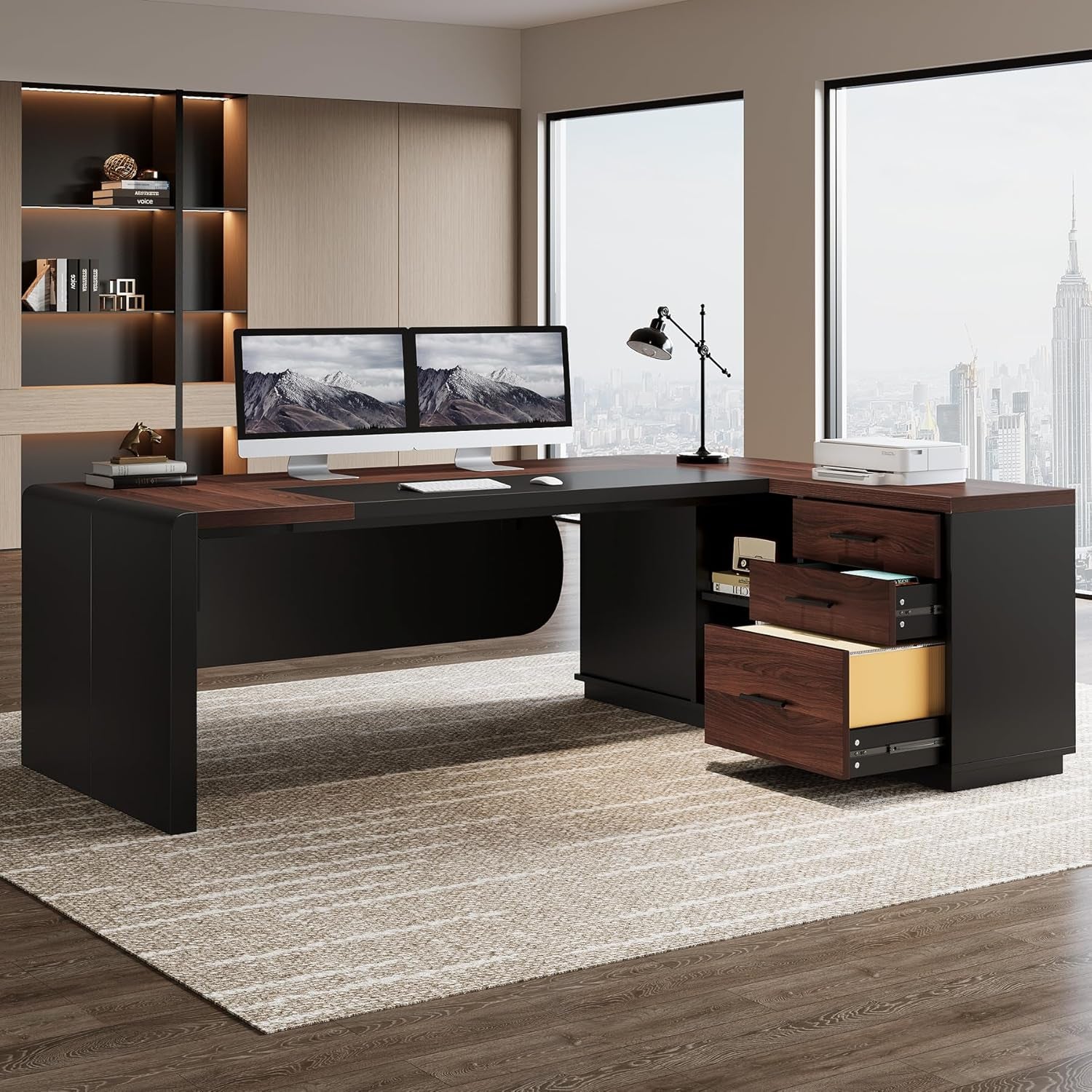 L Shaped Desk With Storage Shelves For Home Office-2