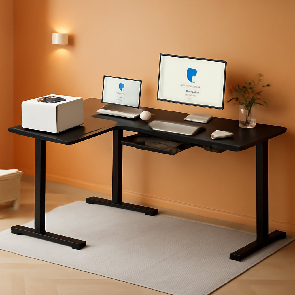 L Shaped Electric Height Adjustable Desk with Drawer-0