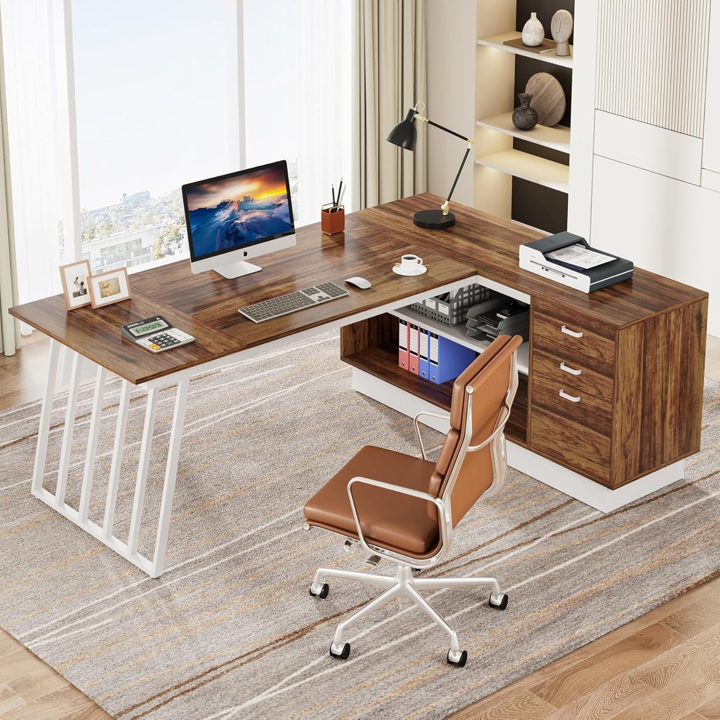 L-Shaped Executive Desk with Storage Drawers and Shelves-3