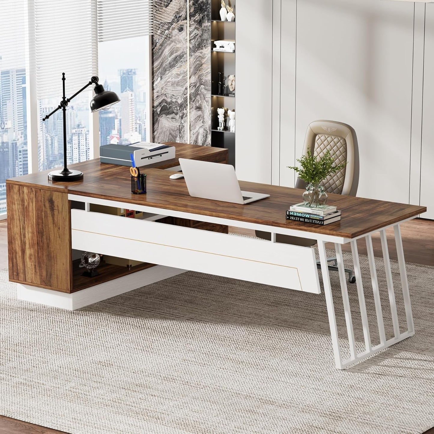 L-Shaped Executive Desk with Storage Drawers and Shelves-0