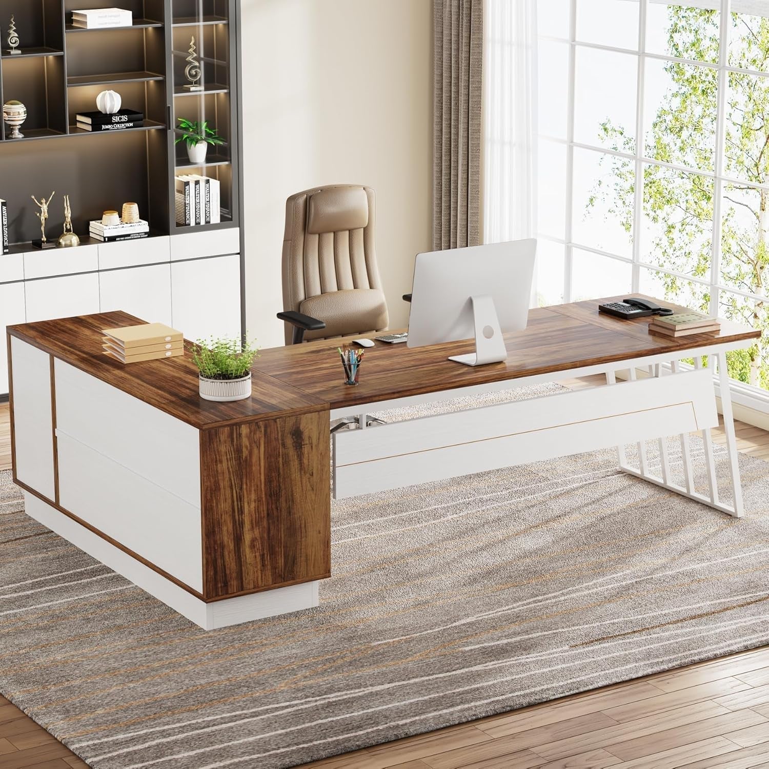 L-Shaped Executive Desk with Storage Drawers and Shelves-4