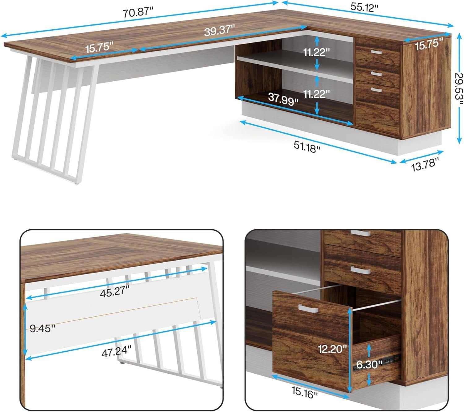 L-Shaped Executive Desk with Storage Drawers and Shelves-1