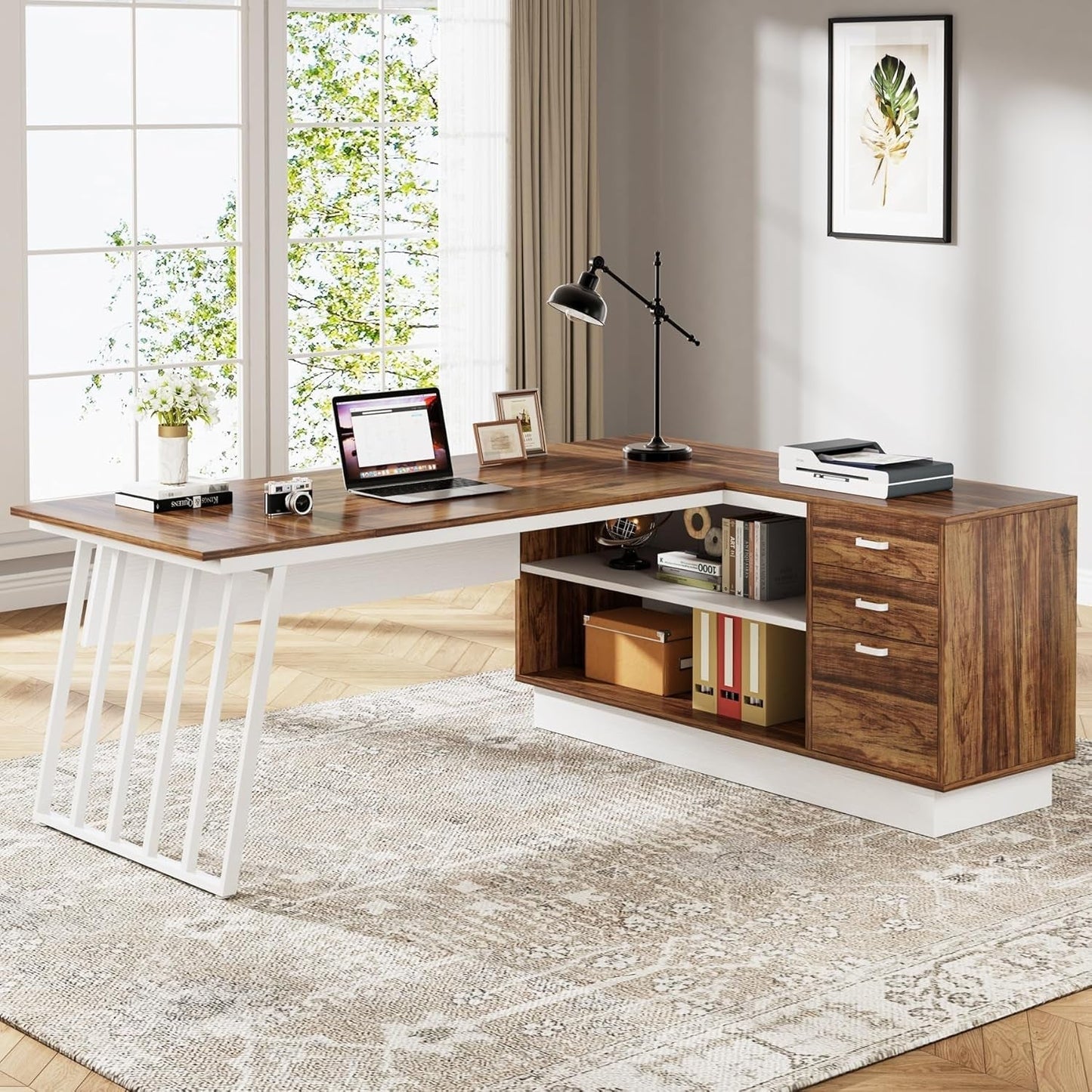 L-Shaped Executive Desk with Storage Drawers and Shelves-2