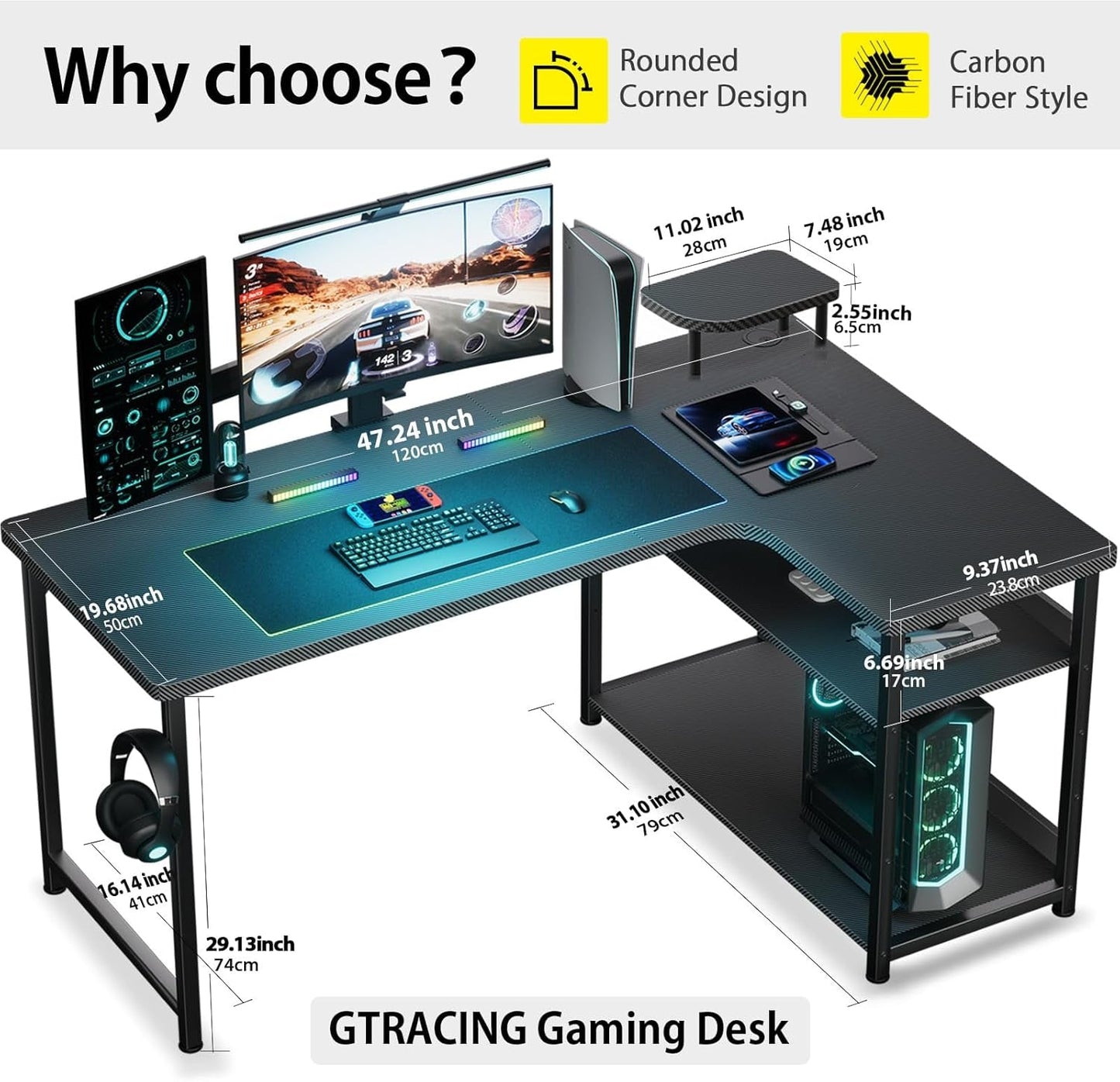 L Shaped Gaming Desk, Carbon Fiber Style Computer Desk Compatible with Monitor Arm Storage Shelves Corner Desk Gaming Table for Home Office Desks Easy to Assemble Adjustable Shelf Height-4