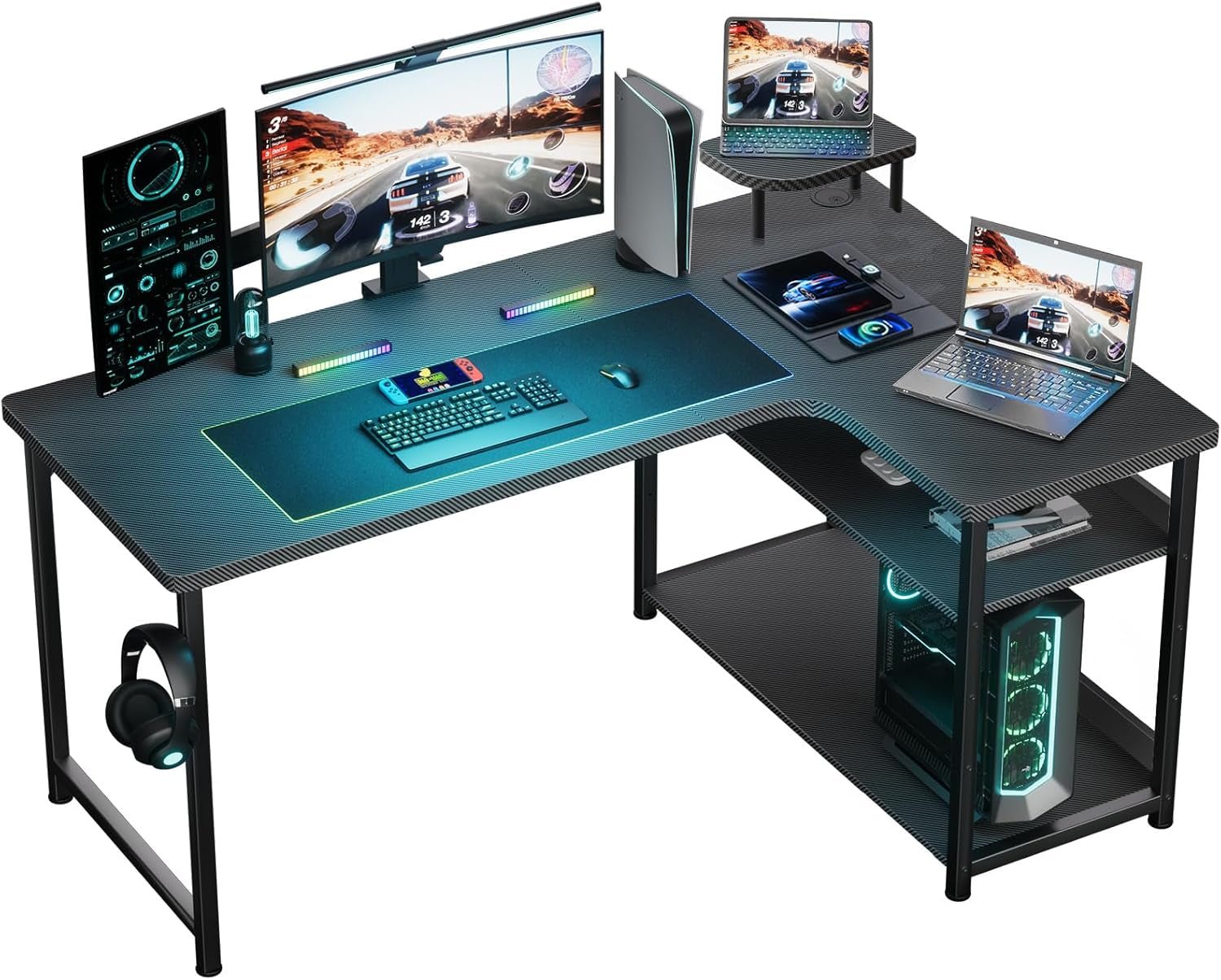 L Shaped Gaming Desk, Carbon Fiber Style Computer Desk Compatible with Monitor Arm Storage Shelves Corner Desk Gaming Table for Home Office Desks Easy to Assemble Adjustable Shelf Height-0