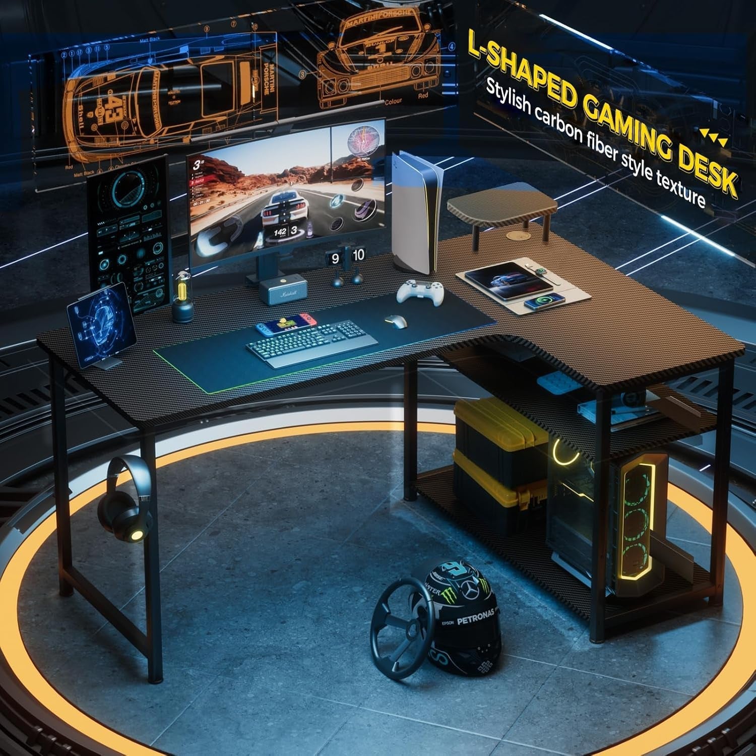 L Shaped Gaming Desk, Carbon Fiber Style Computer Desk Compatible with Monitor Arm Storage Shelves Corner Desk Gaming Table for Home Office Desks Easy to Assemble Adjustable Shelf Height-1