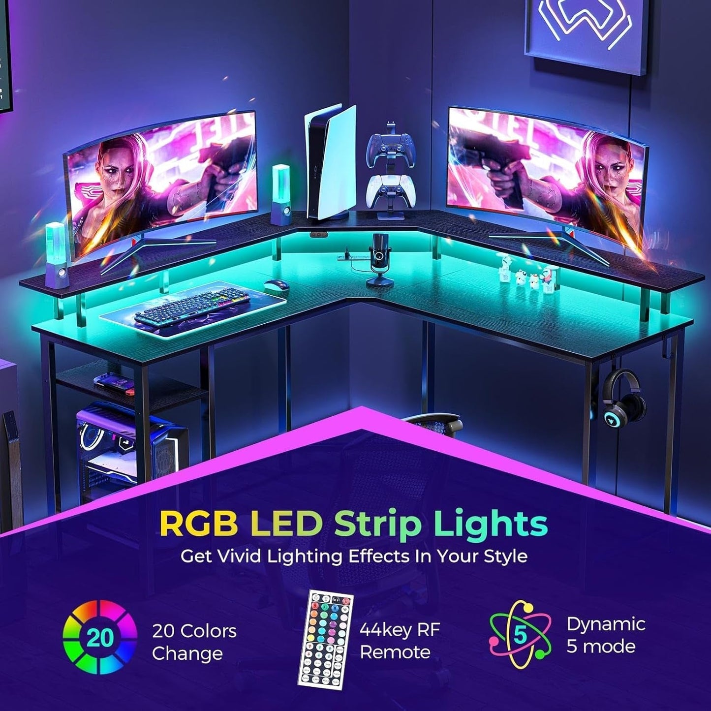 L Shaped Gaming Desk with LED Lights & Power Outlets, 53" Computer Desk with Full Monitor Stand & Storage Shelf, Corner Desk with Hooks, Black Desk Reversible-3