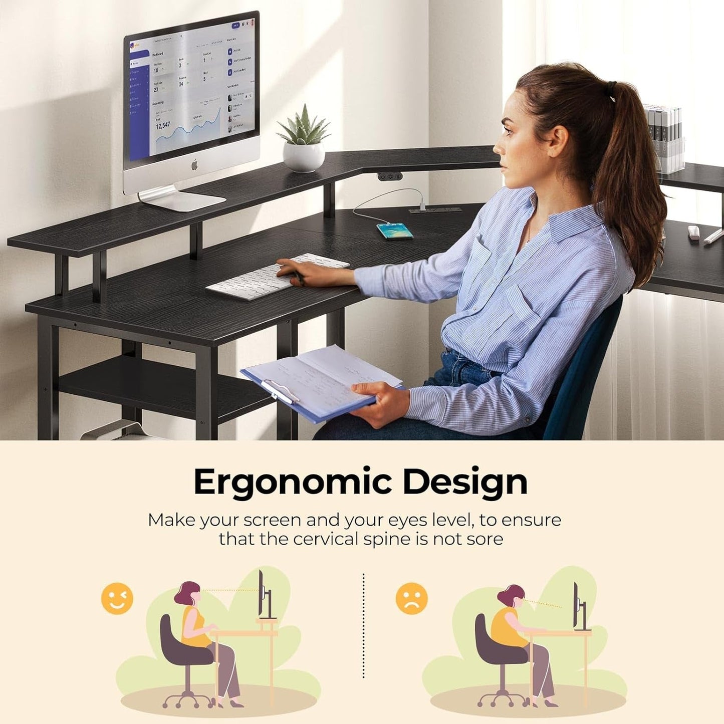 L Shaped Gaming Desk with LED Lights & Power Outlets, 53" Computer Desk with Full Monitor Stand & Storage Shelf, Corner Desk with Hooks, Black Desk Reversible-4