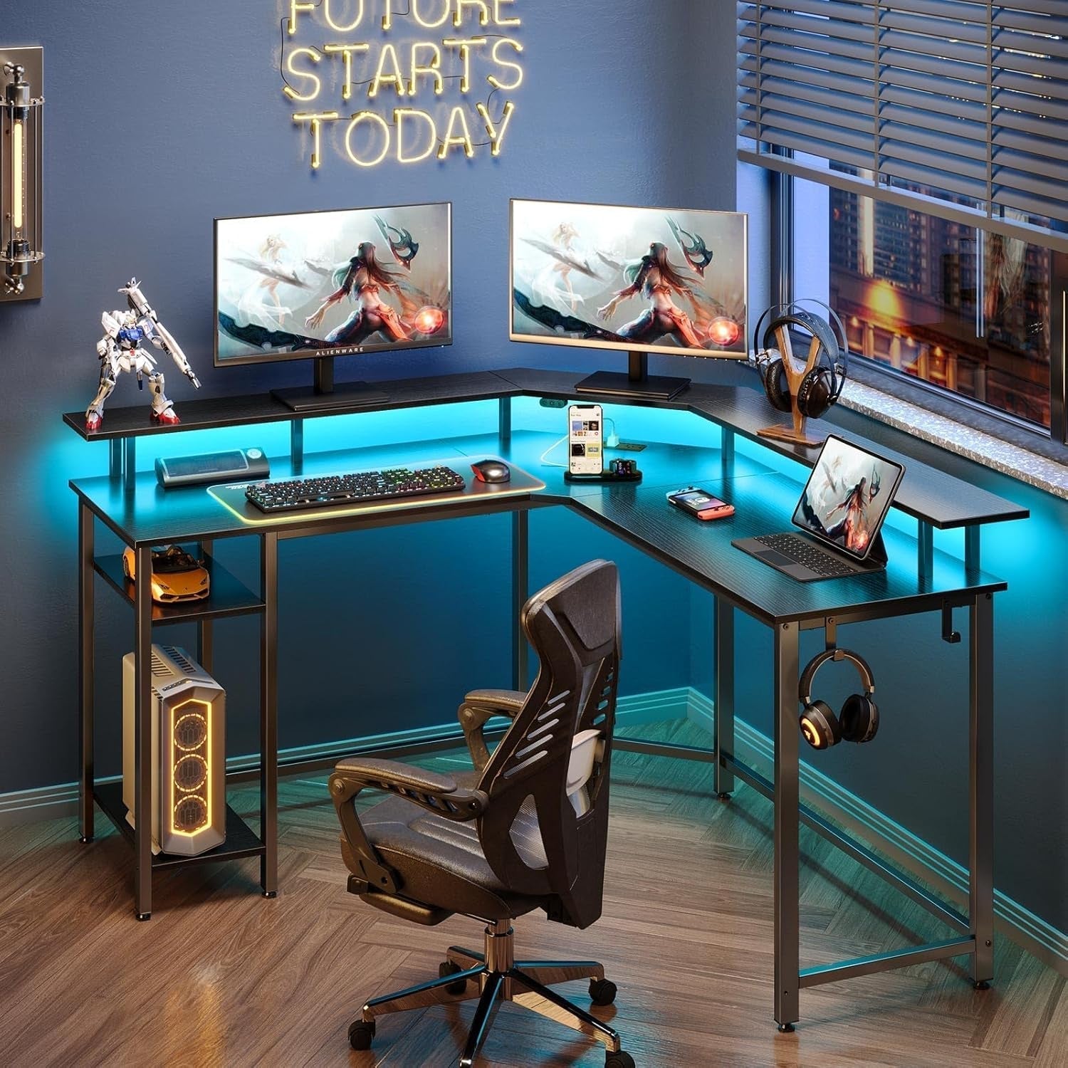 L Shaped Gaming Desk with LED Lights & Power Outlets, 53" Computer Desk with Full Monitor Stand & Storage Shelf, Corner Desk with Hooks, Black Desk Reversible-1