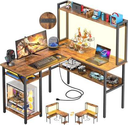 L Shaped Gaming Desk with LED Strip and Power Outlets, Reversible L-Shaped Computer Desk with Storage Shelves, Corner Desk with Hutch, 2 Person Home Office Desk, Rustic Brown-0
