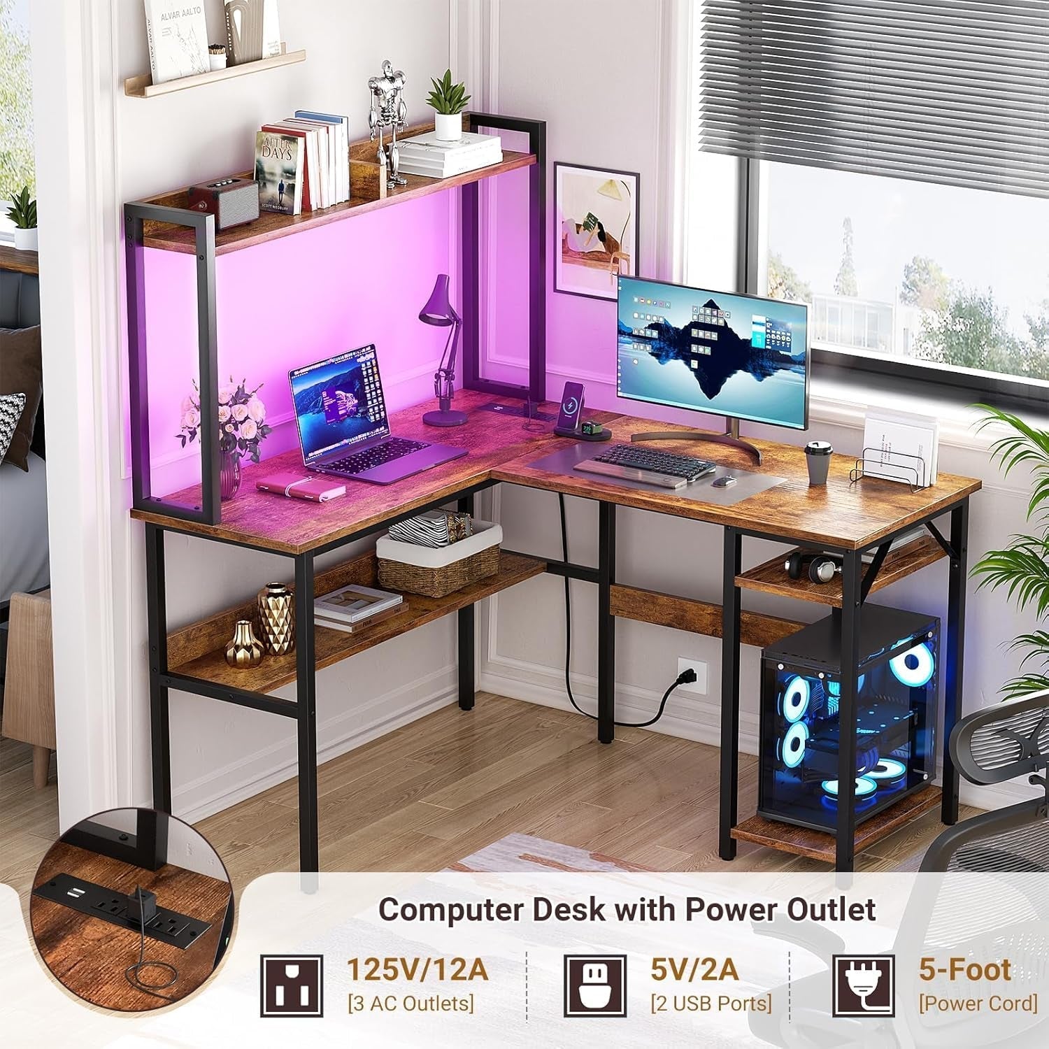 L Shaped Gaming Desk with LED Strip and Power Outlets, Reversible L-Shaped Computer Desk with Storage Shelves, Corner Desk with Hutch, 2 Person Home Office Desk, Rustic Brown-3