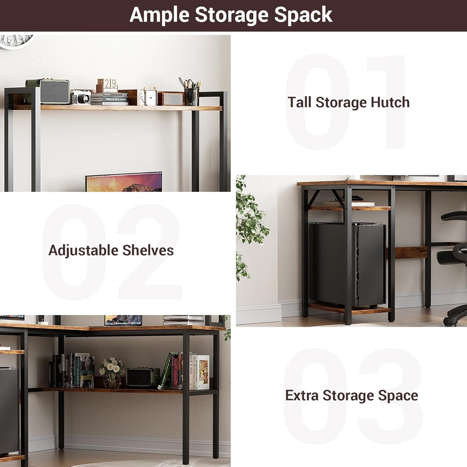 L Shaped Gaming Desk with LED Strip and Power Outlets, Reversible L-Shaped Computer Desk with Storage Shelves, Corner Desk with Hutch, 2 Person Home Office Desk, Rustic Brown-4