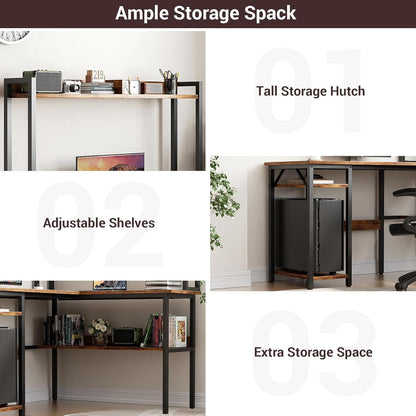 L Shaped Gaming Desk with LED Strip and Power Outlets, Reversible L-Shaped Computer Desk with Storage Shelves, Corner Desk with Hutch, 2 Person Home Office Desk, Rustic Brown-4