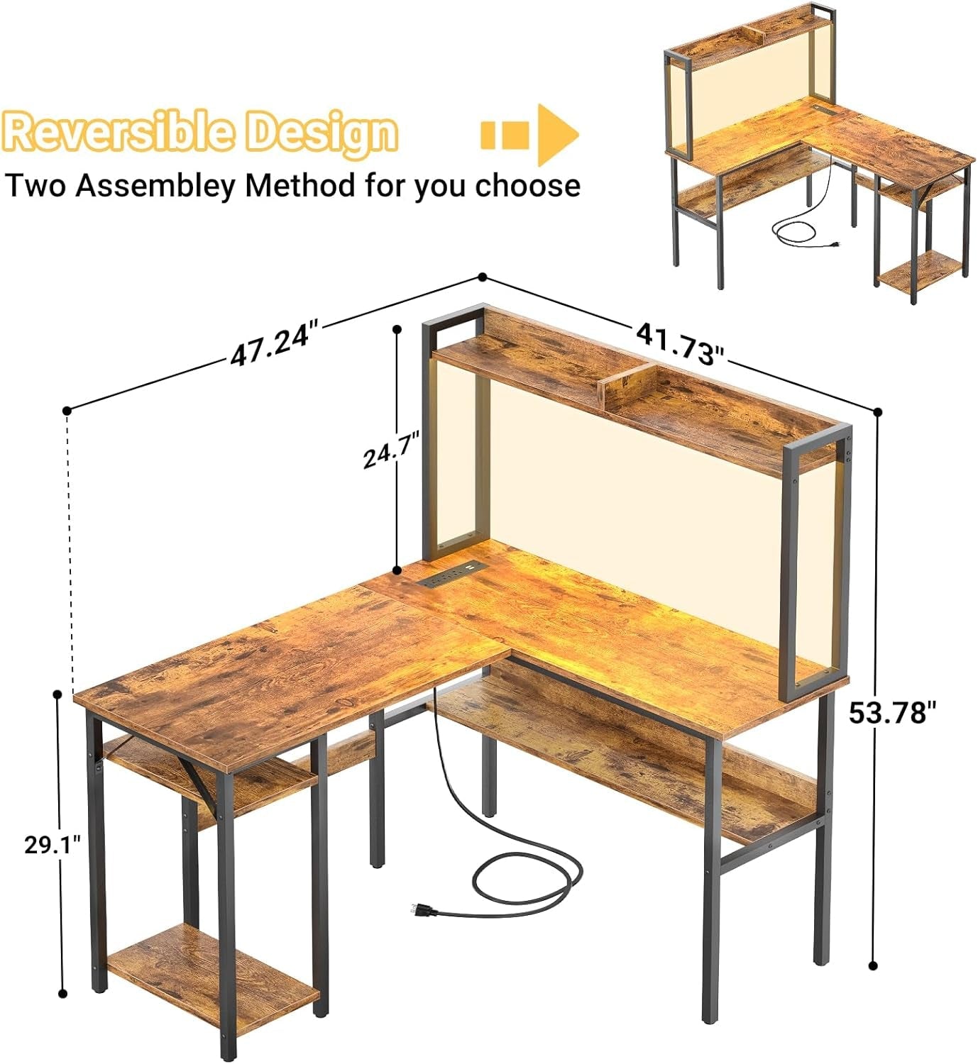 L Shaped Gaming Desk with LED Strip and Power Outlets, Reversible L-Shaped Computer Desk with Storage Shelves, Corner Desk with Hutch, 2 Person Home Office Desk, Rustic Brown-1