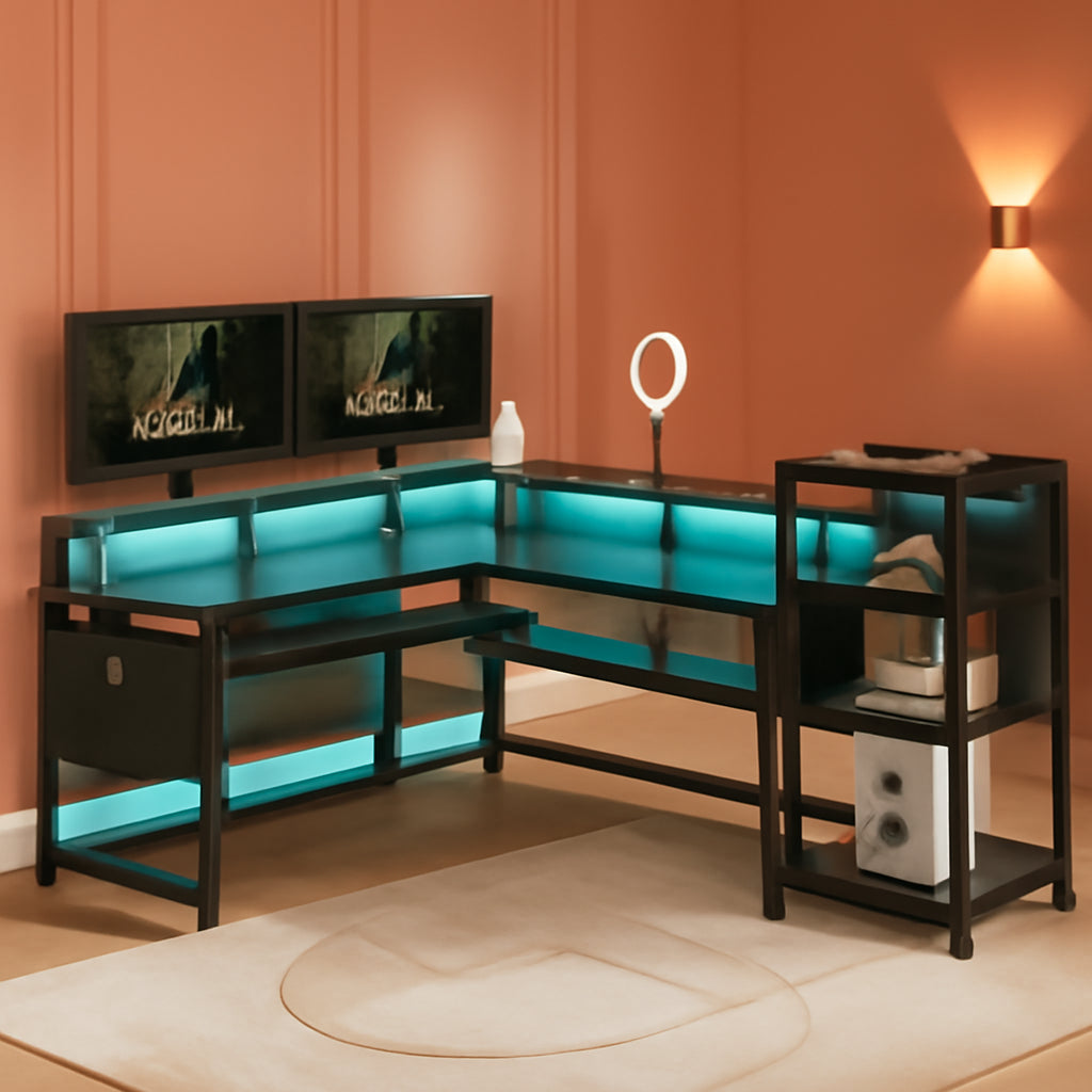 L Shaped Gaming Desk with LED Strip and Storage Shelves-0
