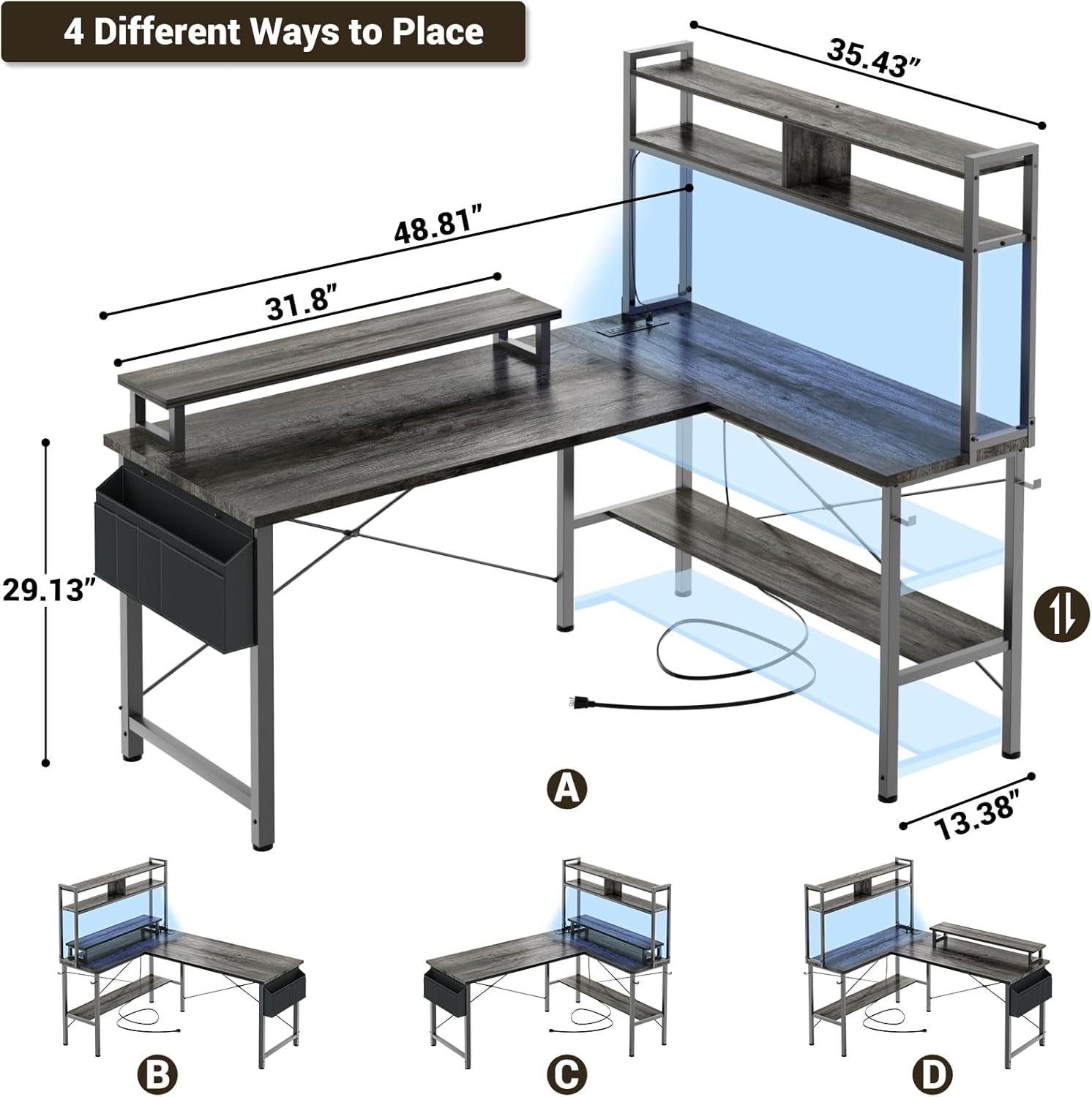 L Shaped Gaming Desk with Power Outlets & LED Lights, Small L- Shaped Desk Computer Corner Desk with Monitor Stand & Storage Shelf, Home Office Desk Writing Desk with Storage Bag, Grey Oak-1