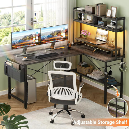L Shaped Gaming Desk with Power Outlets & LED Lights, Small L- Shaped Desk Computer Corner Desk with Monitor Stand & Storage Shelf, Home Office Desk Writing Desk with Storage Bag, Grey Oak-4