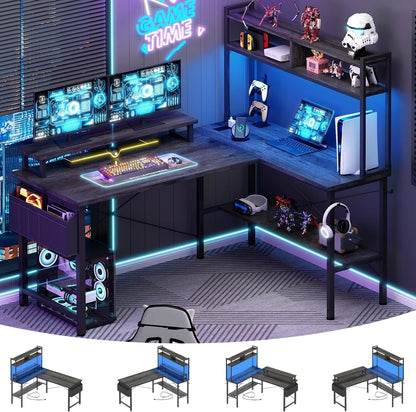 L Shaped Gaming Desk with Power Outlets & LED Lights, Small L- Shaped Desk Computer Corner Desk with Monitor Stand & Storage Shelf, Home Office Desk Writing Desk with Storage Bag, Grey Oak-0