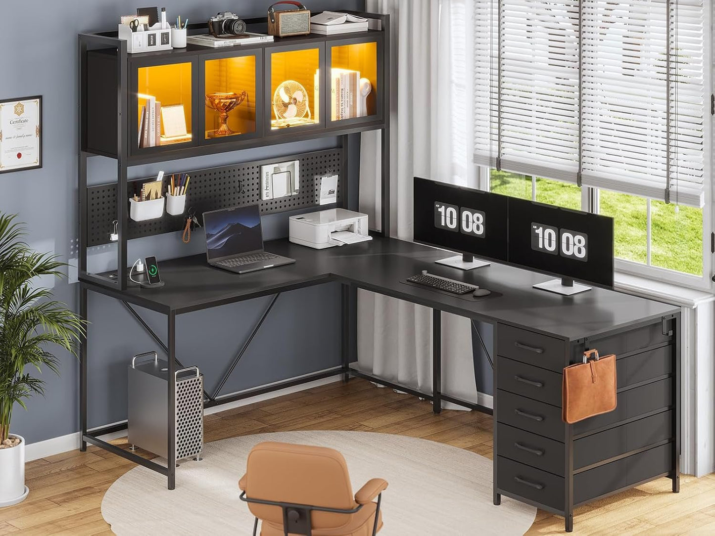 L Shaped Gaming Desk with Storage Drawers and Lights-1