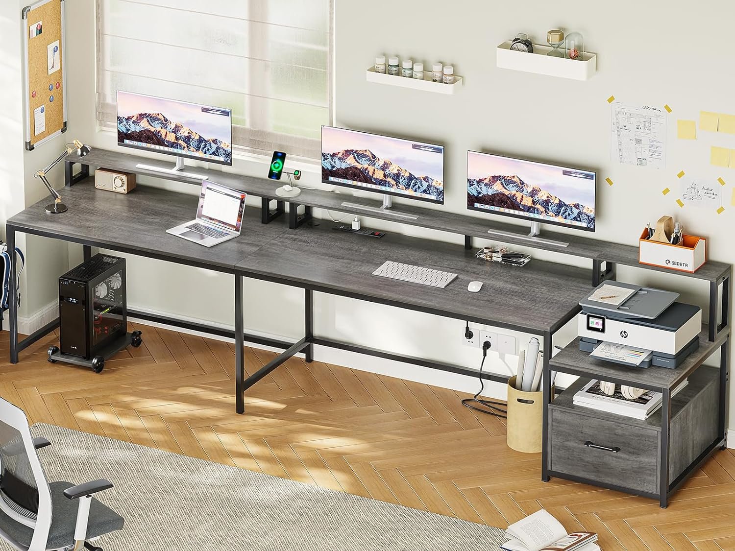 L Shaped Office Desk, 66" Home Office Desk with File Drawer & Power Outlet, Gaming Desk with Led Lights, Corner Computer Desk with Monitor Shelf, Printer Storage Shelves, Two Person Desk, Grey-1