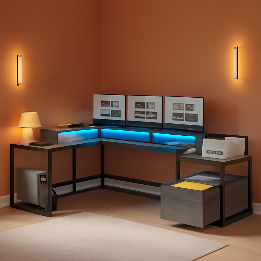 L Shaped Office Desk, 66" Home Office Desk with File Drawer & Power Outlet, Gaming Desk with Led Lights, Corner Computer Desk with Monitor Shelf, Printer Storage Shelves, Two Person Desk, Grey-0