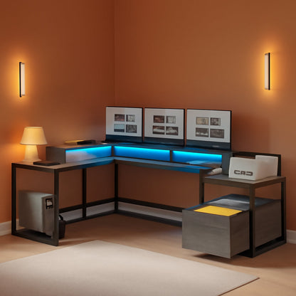 L Shaped Office Desk, 66" Home Office Desk with File Drawer & Power Outlet, Gaming Desk with Led Lights, Corner Computer Desk with Monitor Shelf, Printer Storage Shelves, Two Person Desk, Grey-0