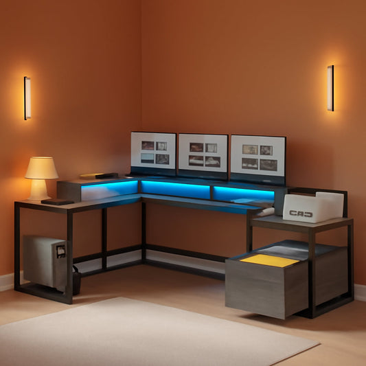 L Shaped Office Desk, 66" Home Office Desk with File Drawer & Power Outlet, Gaming Desk with Led Lights, Corner Computer Desk with Monitor Shelf, Printer Storage Shelves, Two Person Desk, Grey-0