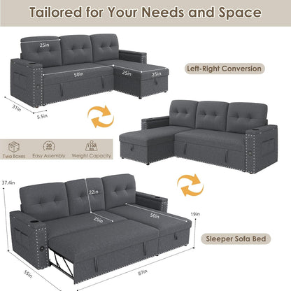 L Shaped Sleeper Sofa Bed with Storage and USB Port-1