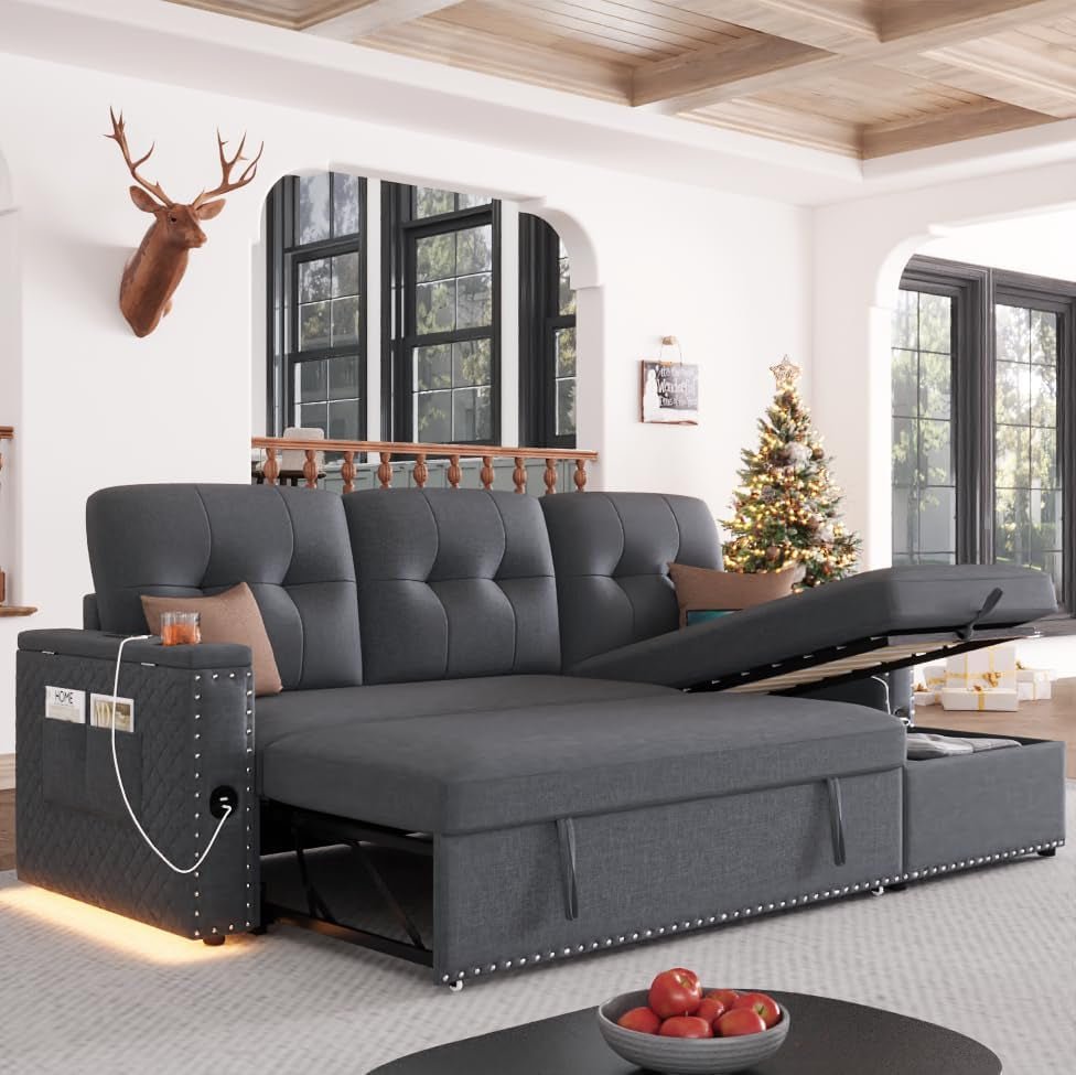 L Shaped Sleeper Sofa Bed with Storage and USB Port-0