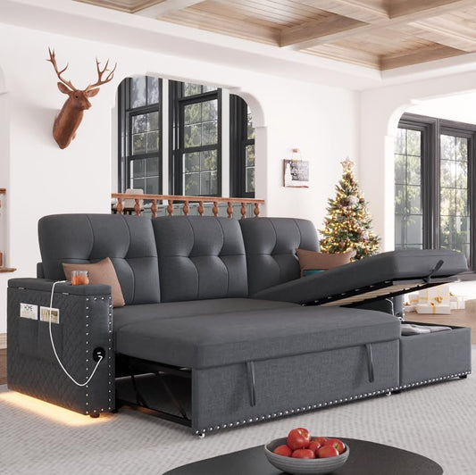 L Shaped Sleeper Sofa Bed with Storage and USB Port-0